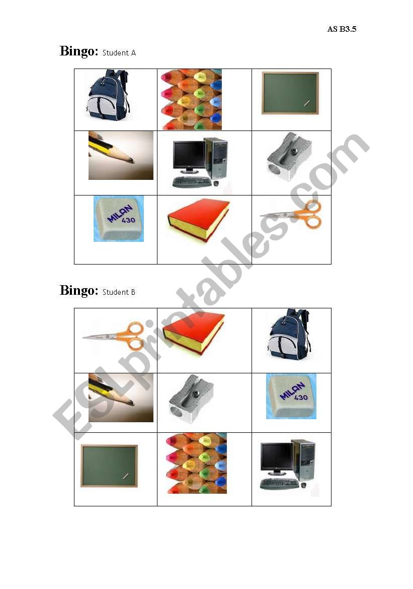 School material picture bingo worksheet
