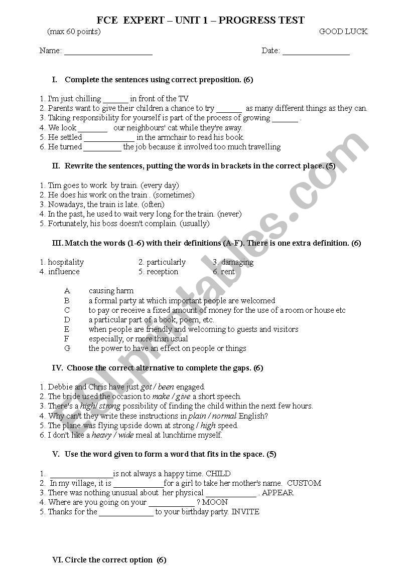 FCE Expert unit 1  progress test + key