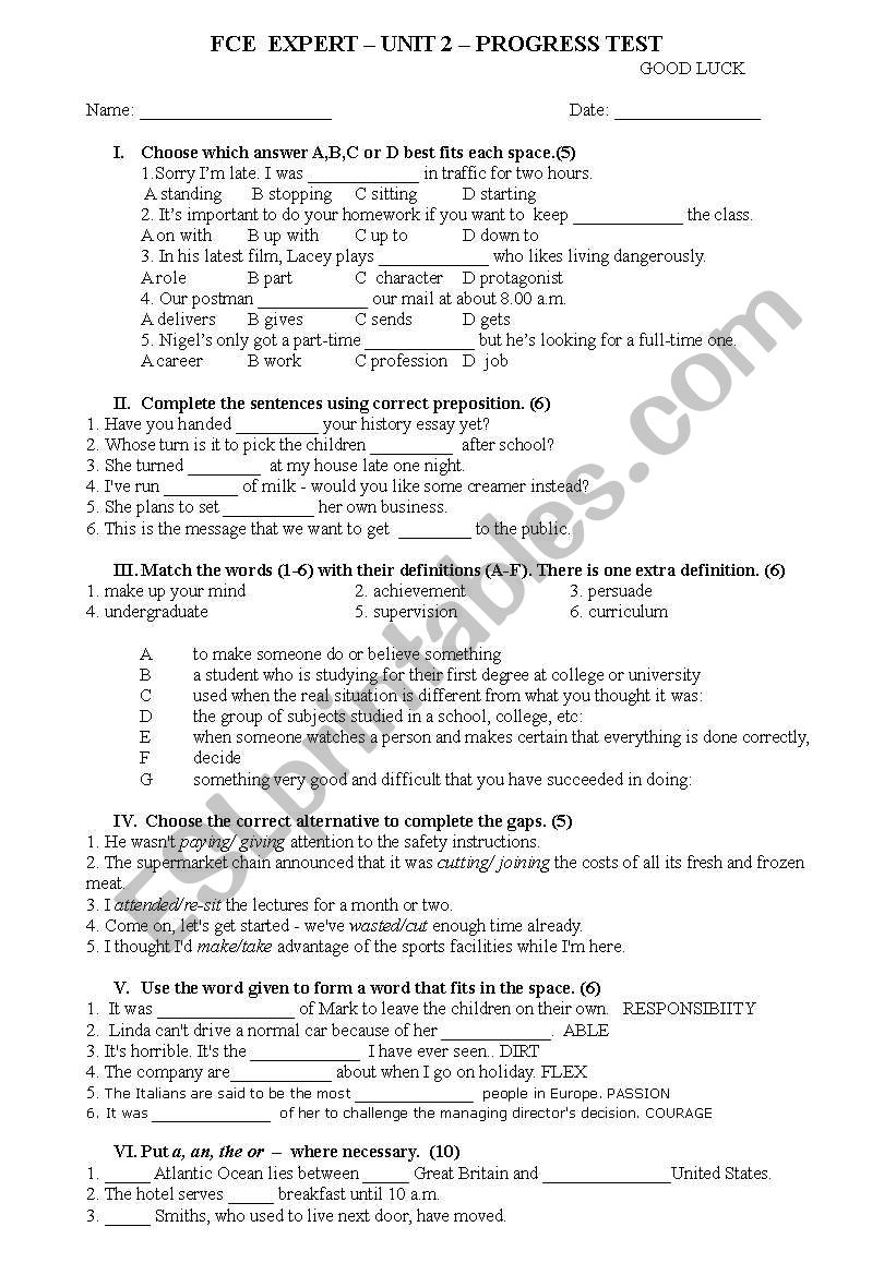 FCE Expert Unit 2 progress test + key