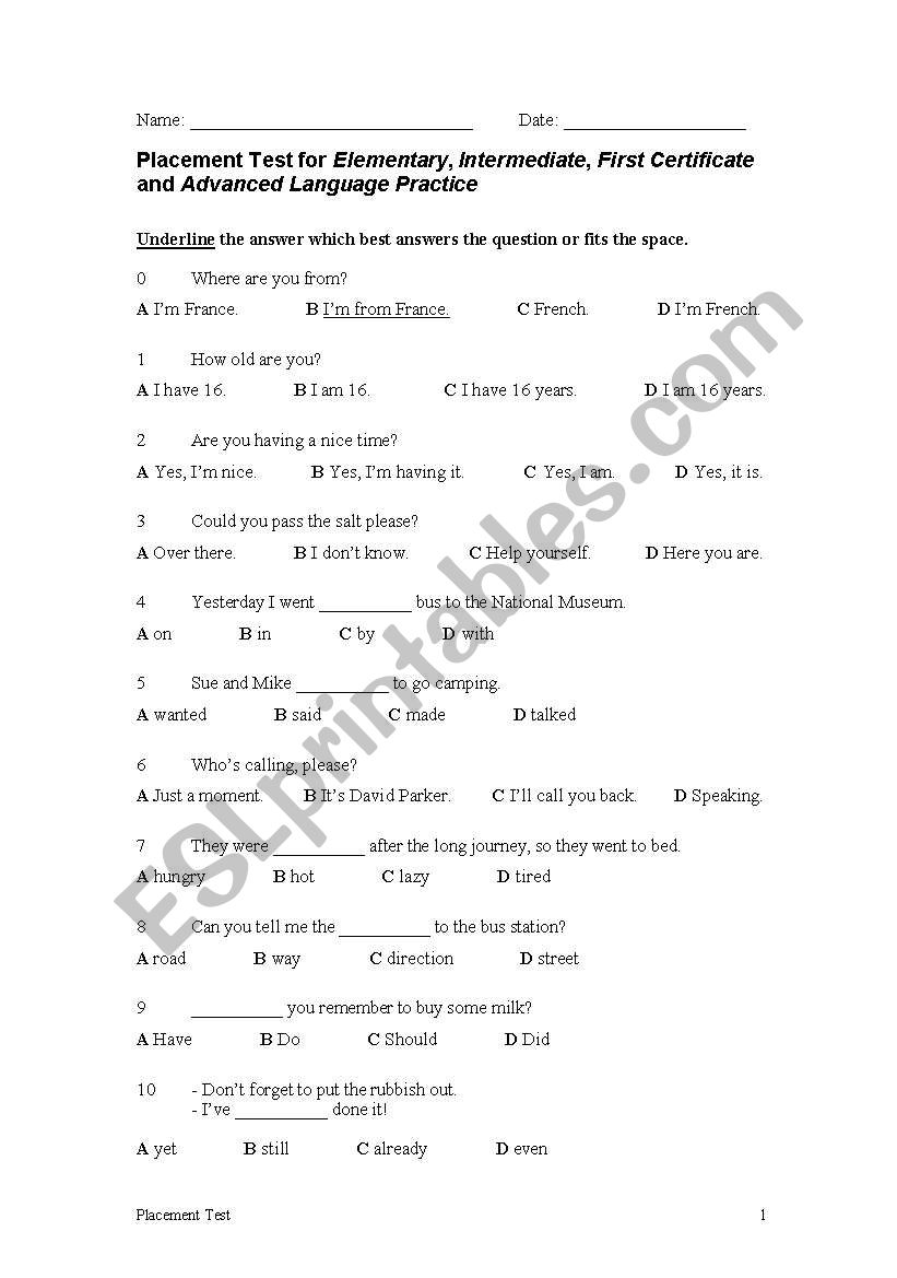 entry test worksheet