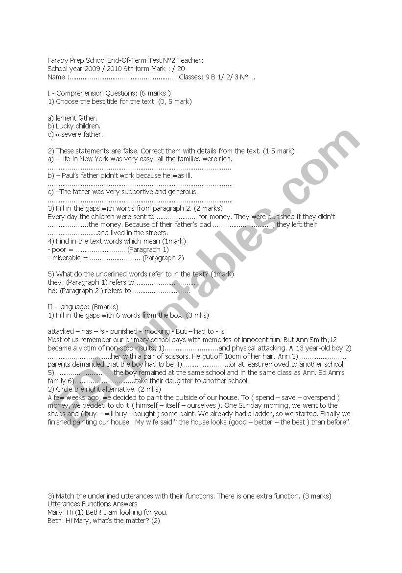 9th form 1st term exam worksheet