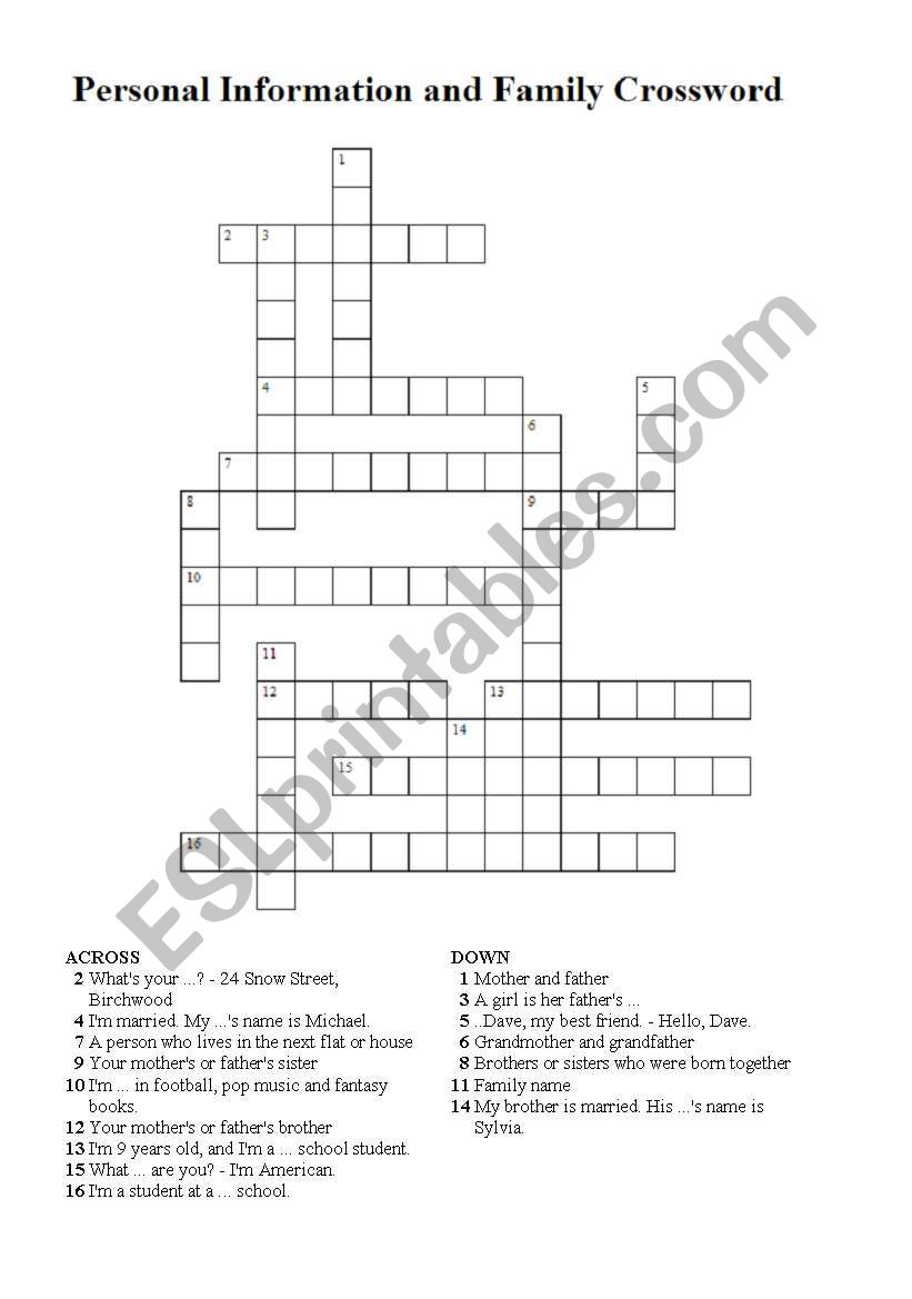 Personal Information and Family Crossword