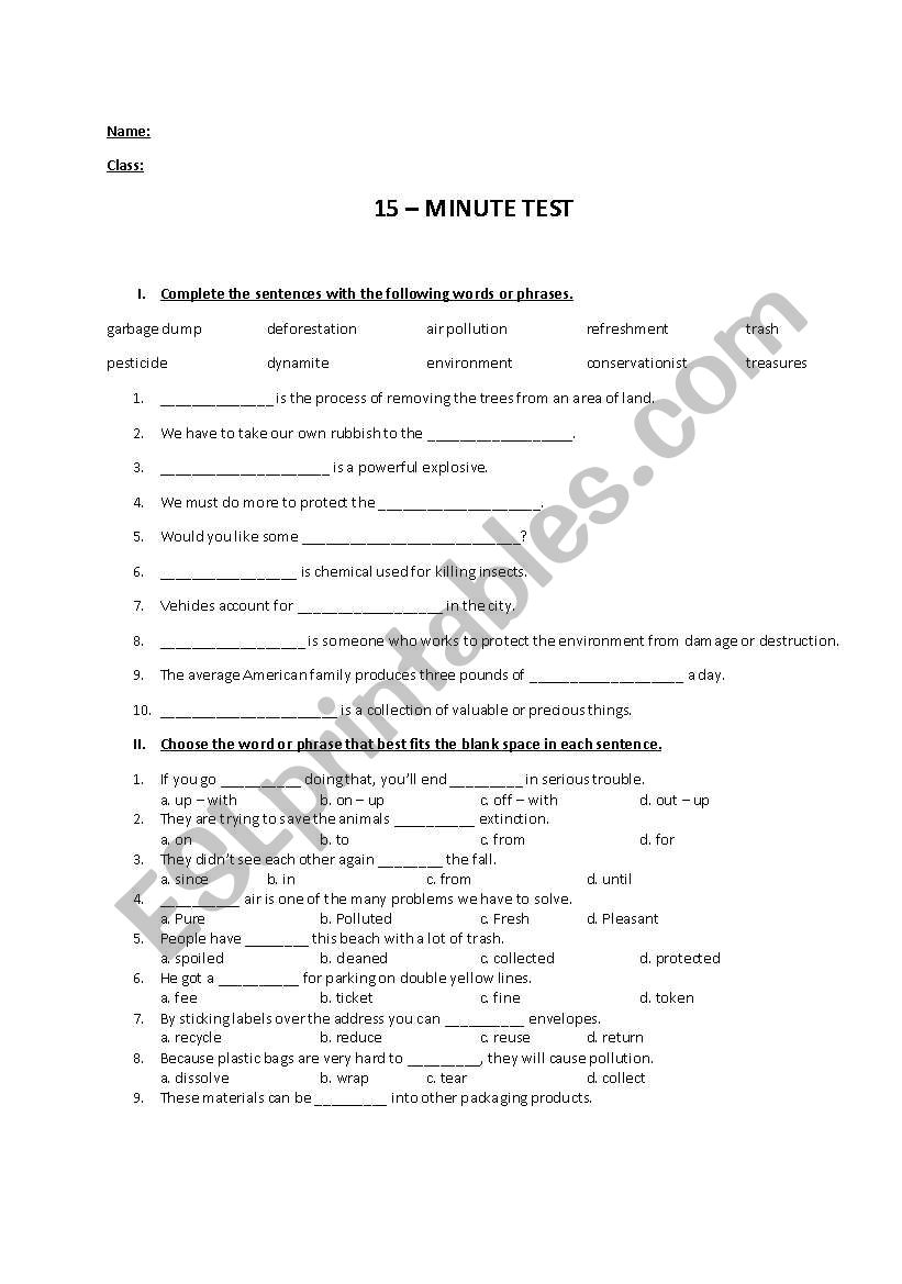 15 minut test worksheet