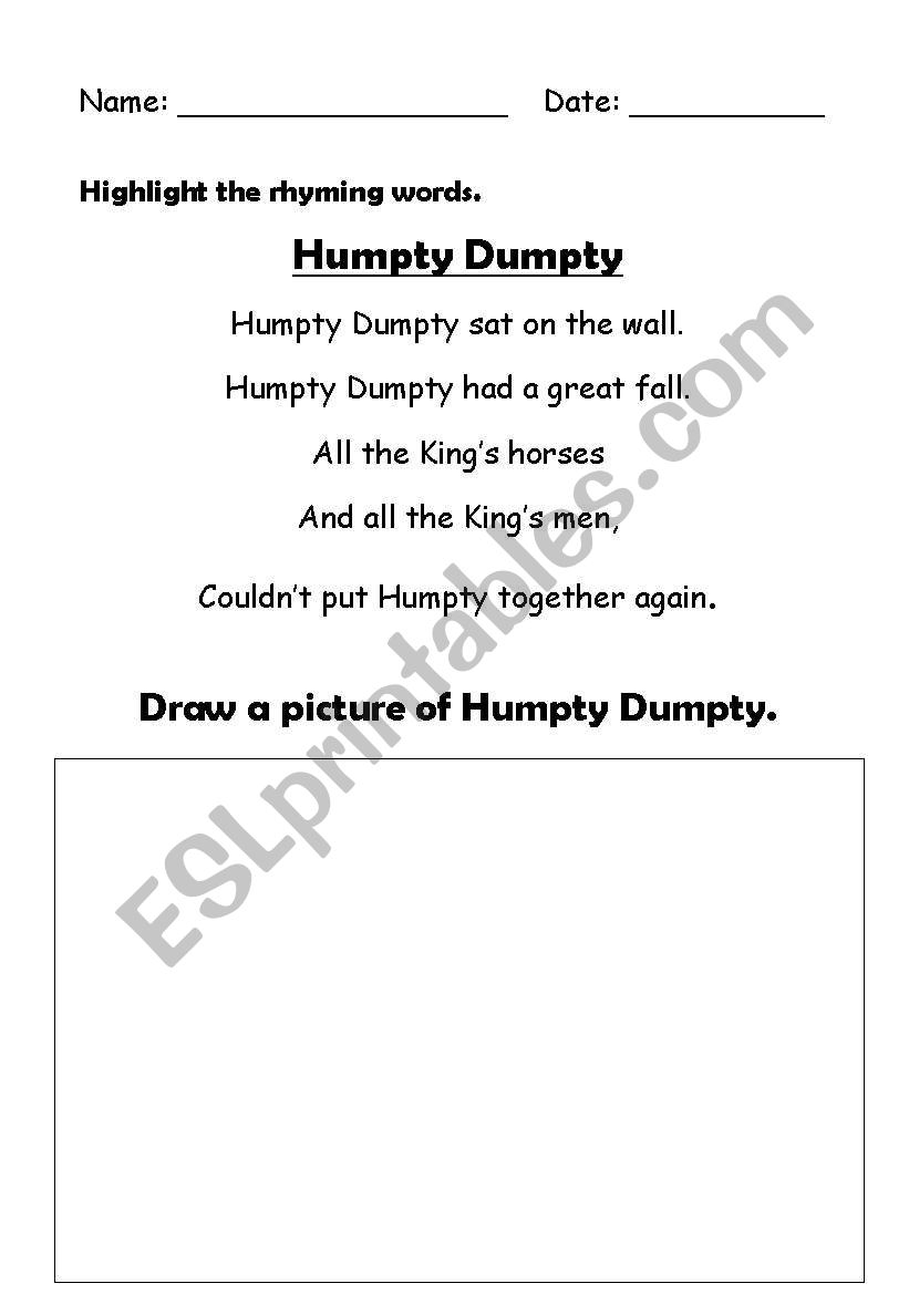Humpty Dumpty Rhyming Words worksheet