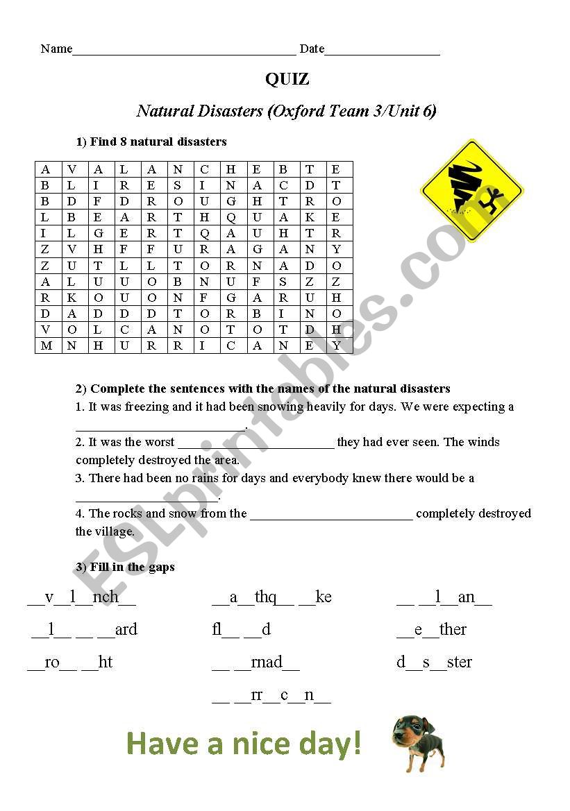 natural disasters worksheet