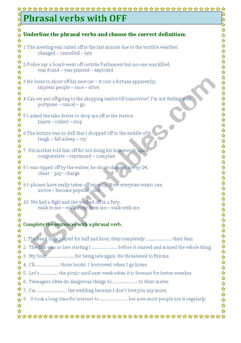 phrasal verbs with OFF worksheet