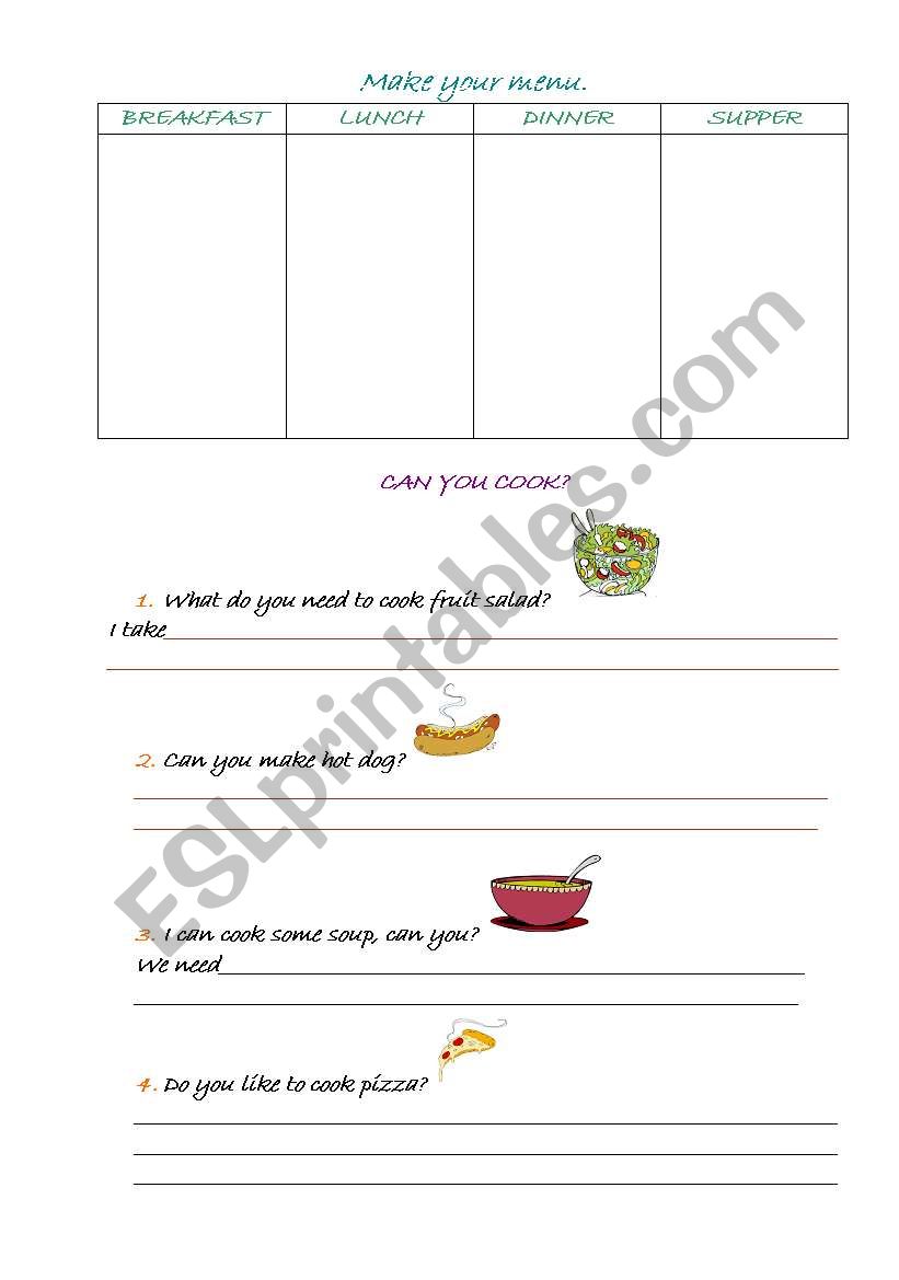 make your menu. worksheet