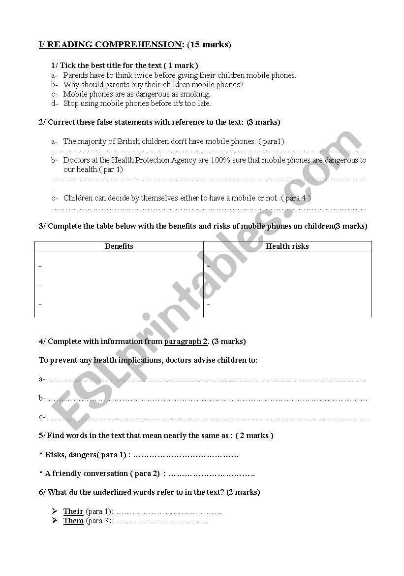 test :3rd year secondary education : reading comprehension+language and writing tasks