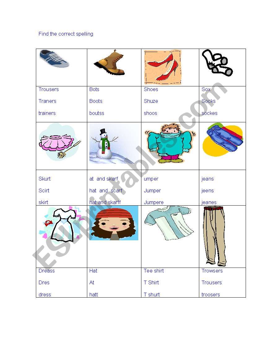 Clothes spelling exercise worksheet