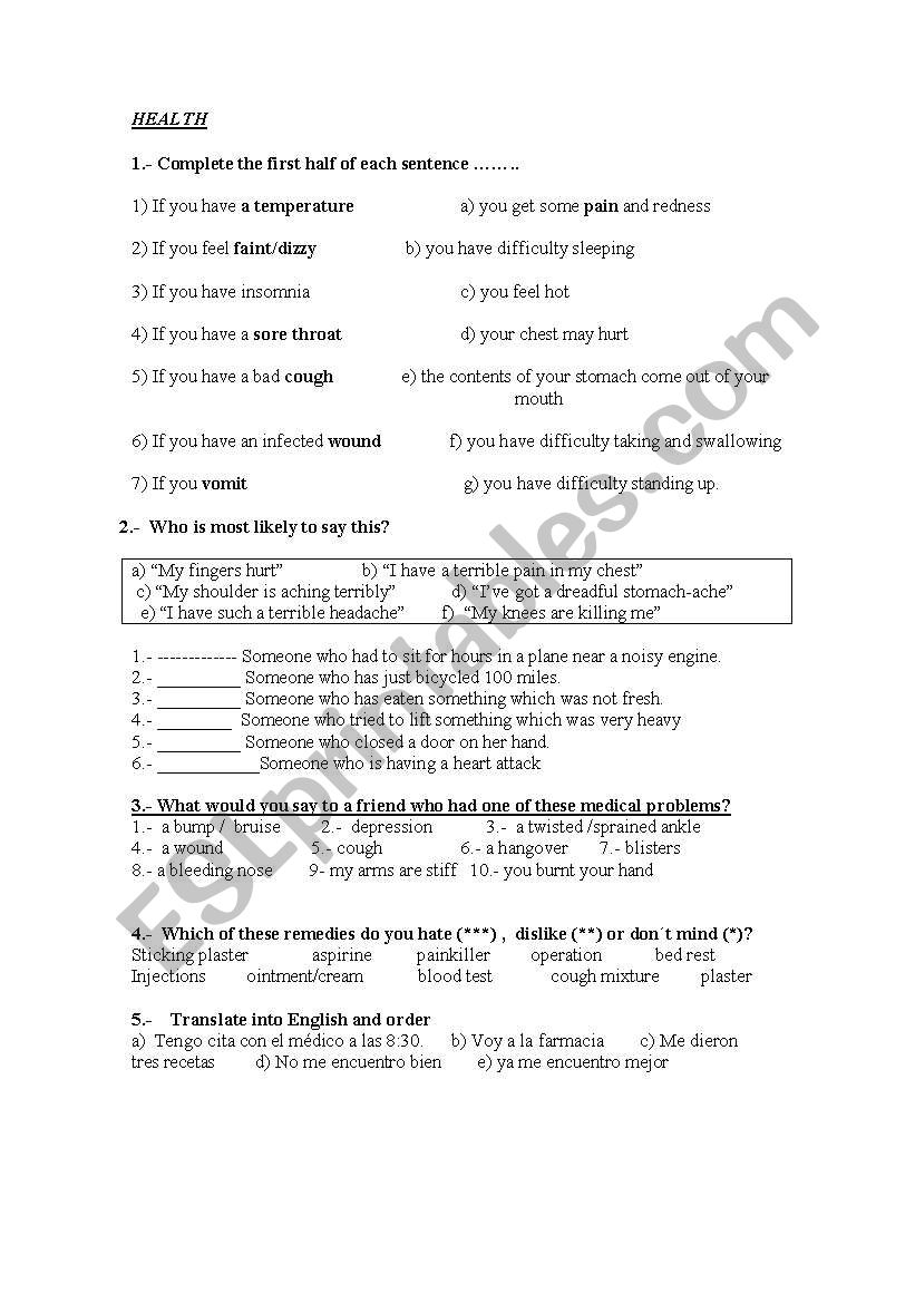 HEALTH worksheet