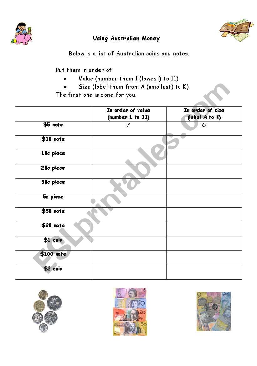 Using Australian Money worksheet