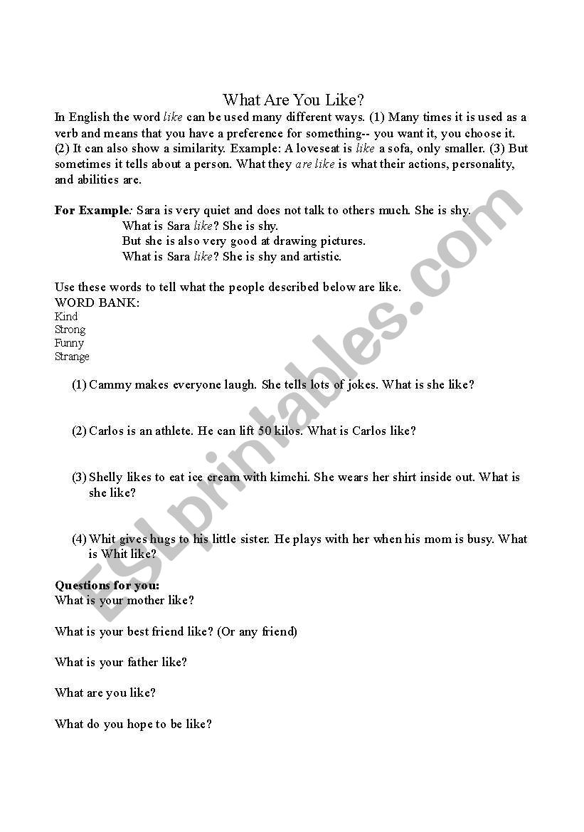 What Are You Like? worksheet
