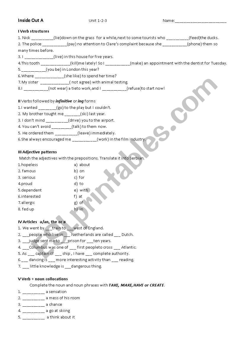 Inside Out Unit 1 worksheet