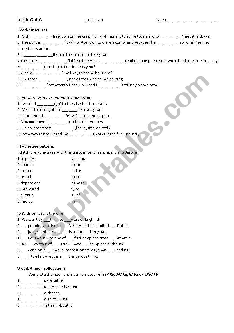 Inside Out Unit 1 worksheet