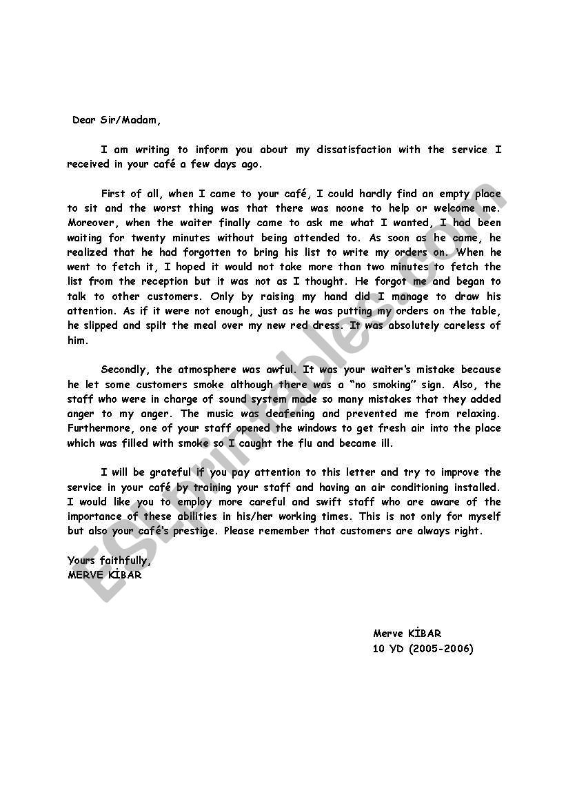 Letter of Complaint worksheet