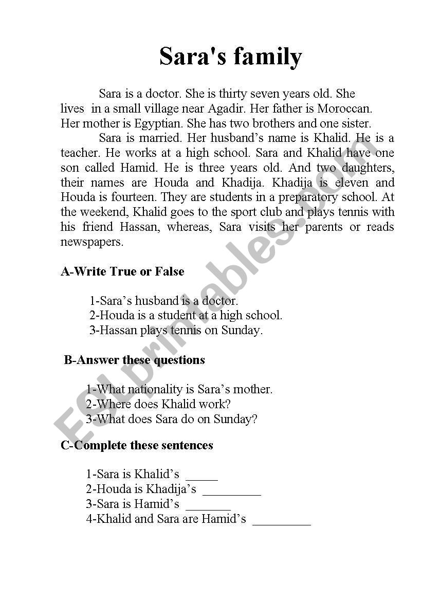 Saras family worksheet