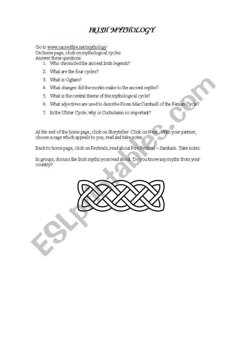 Irish Mythology worksheet