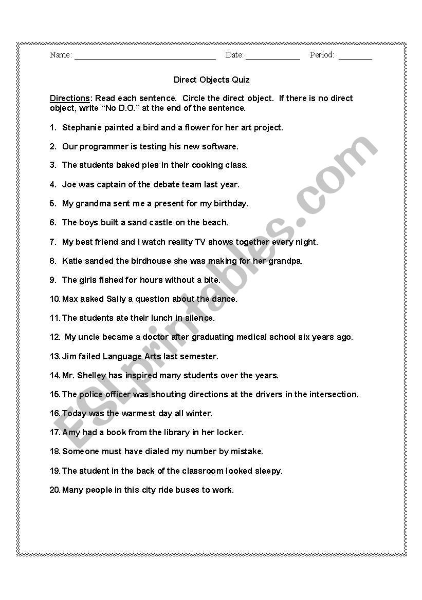 Direct Objects Quiz worksheet