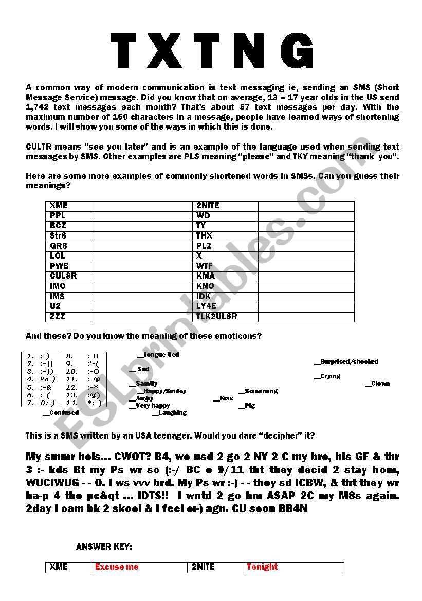 TEXT MESSAGES worksheet