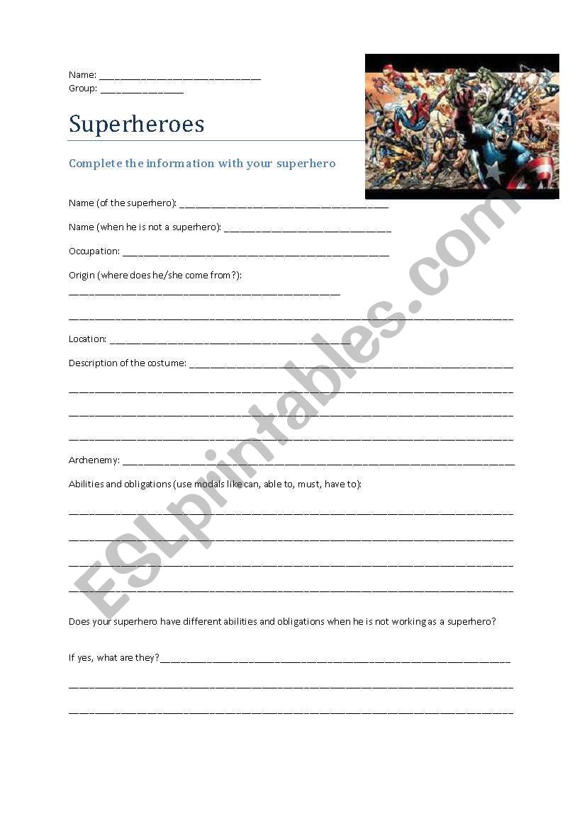 Superhero Websearch worksheet