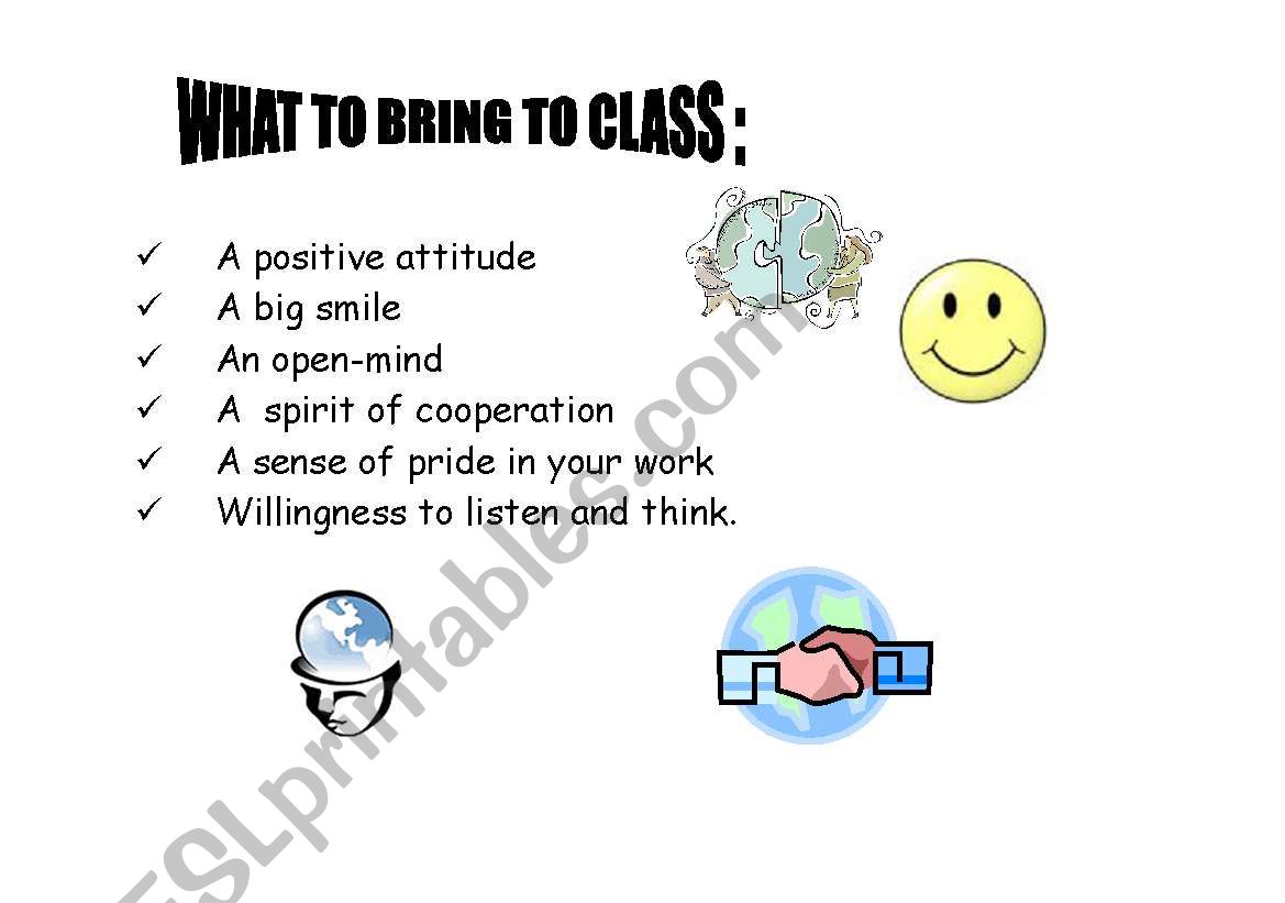 What to bring to class worksheet