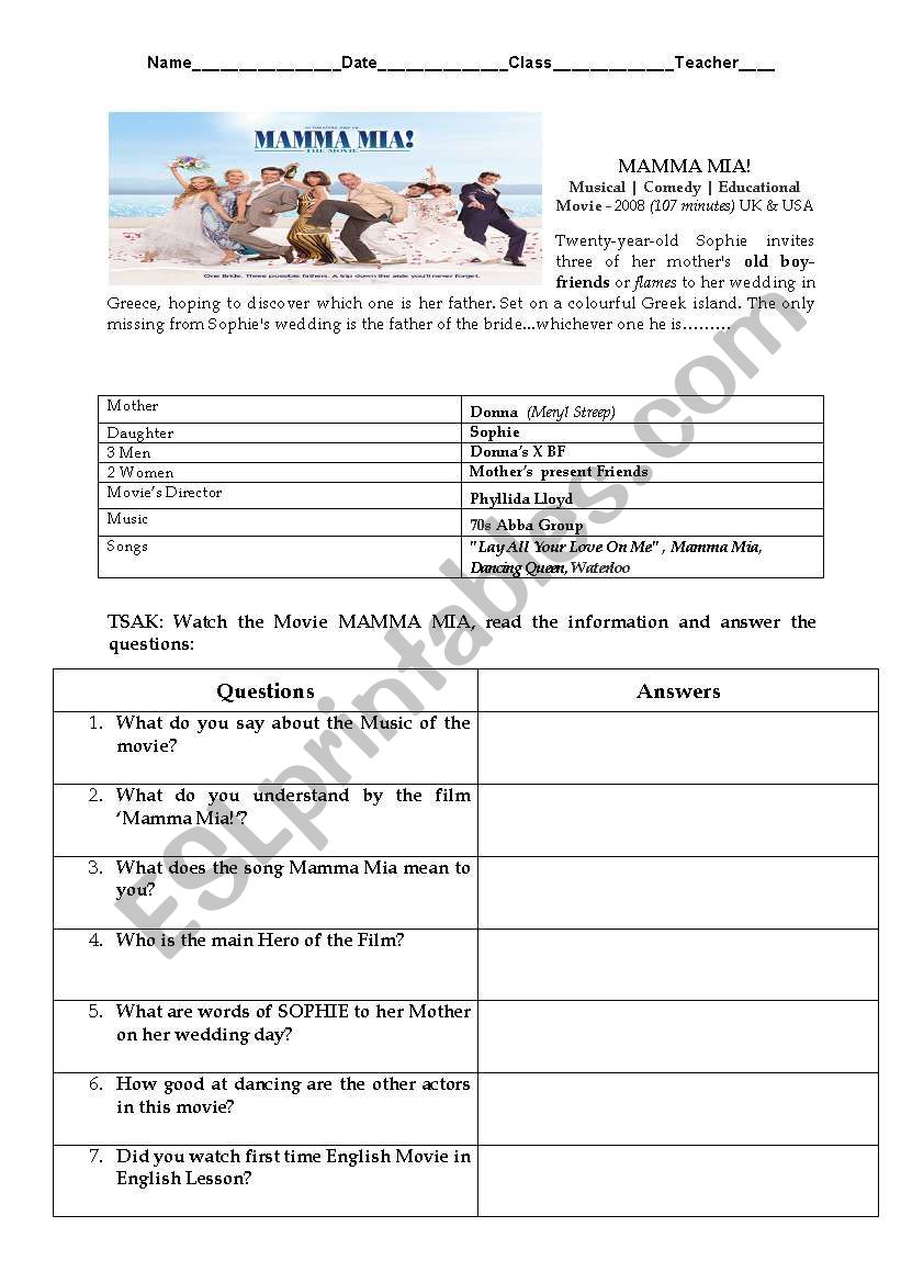 Movie - Mamma Mia -2008 worksheet