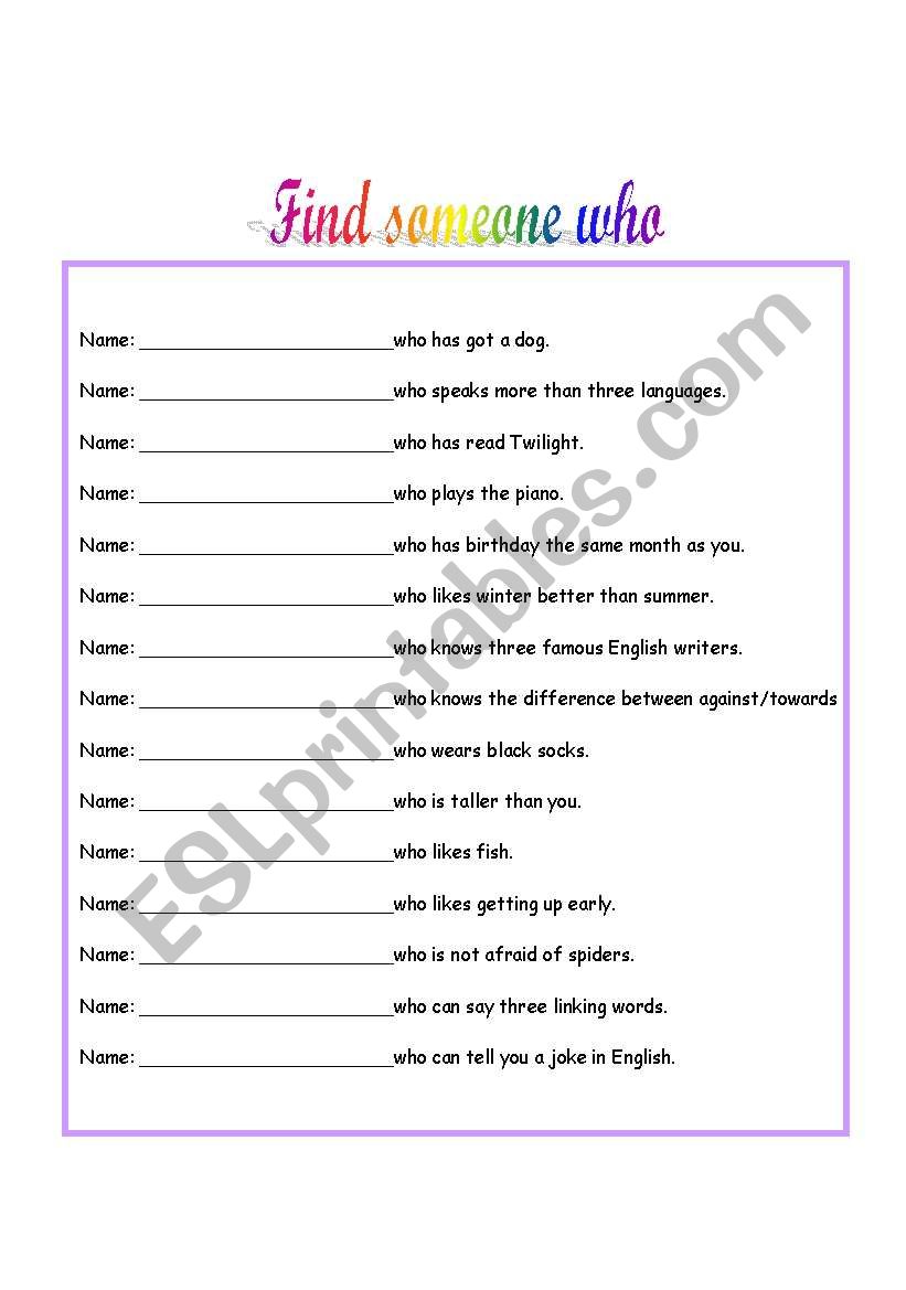 Find someone who..... worksheet