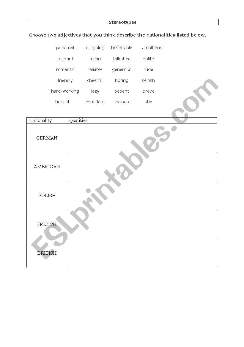 Stereotypes worksheet