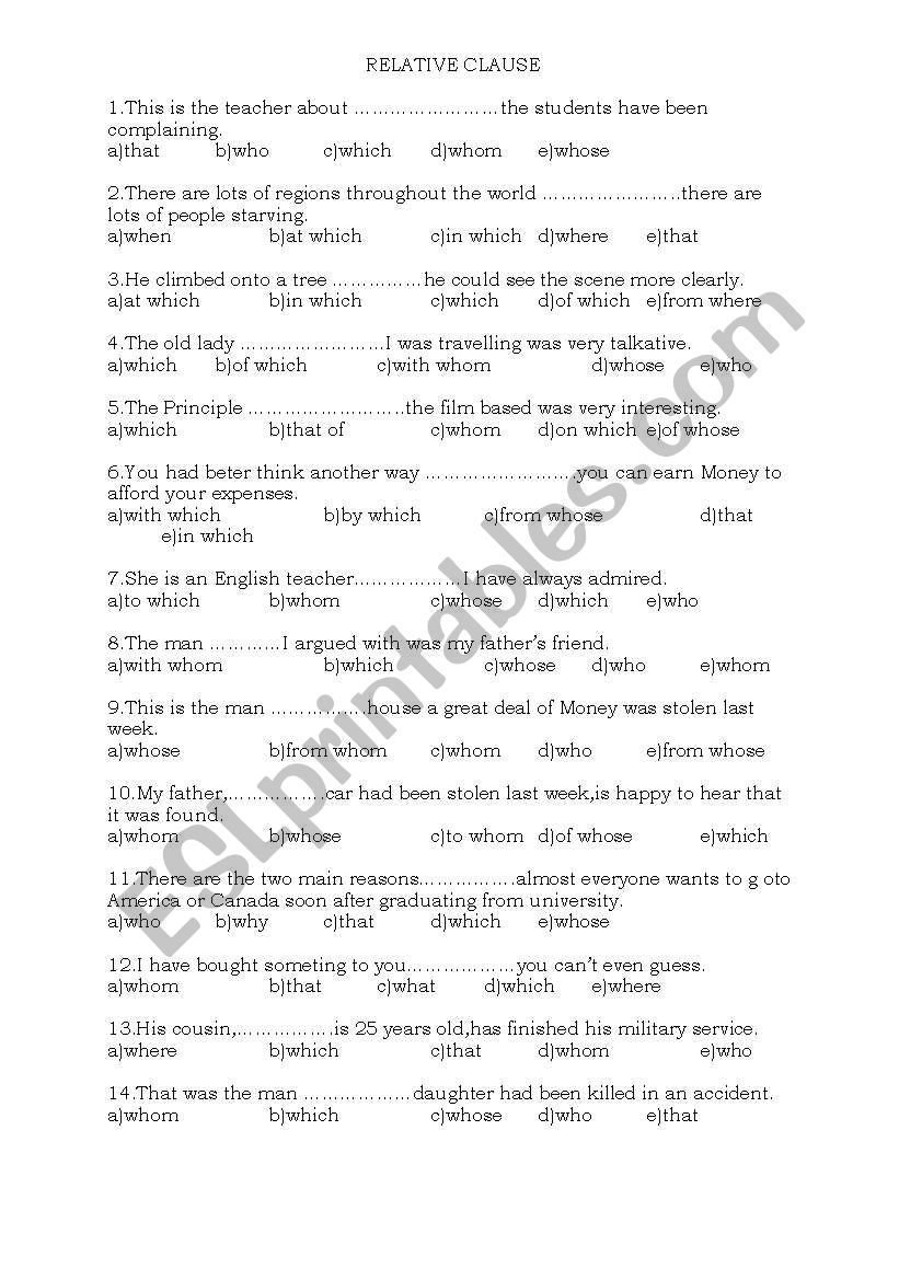 relative clause worksheet