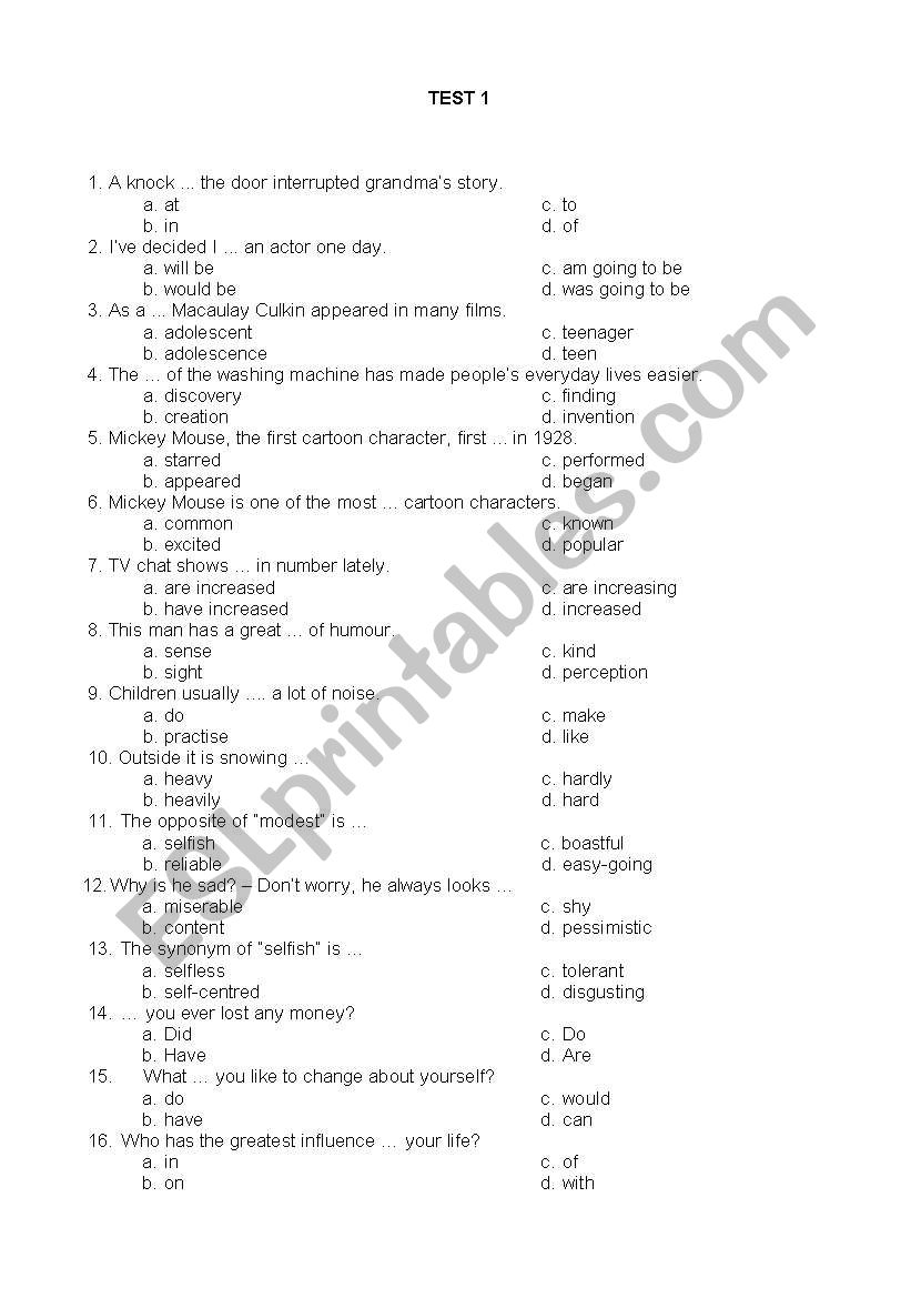 Multiple choice test worksheet