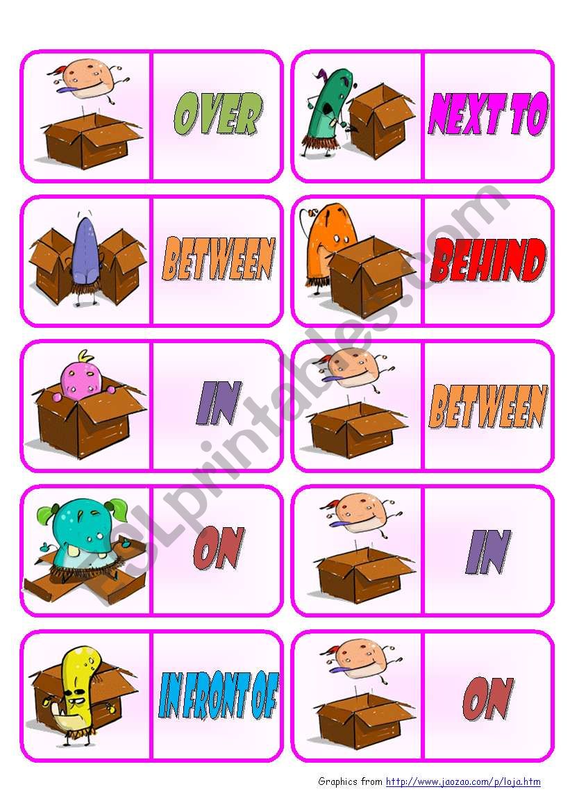 Prepositions  Dominoes  28 color + 28 B&W dominoes  7 pages  instructions included  fully editable