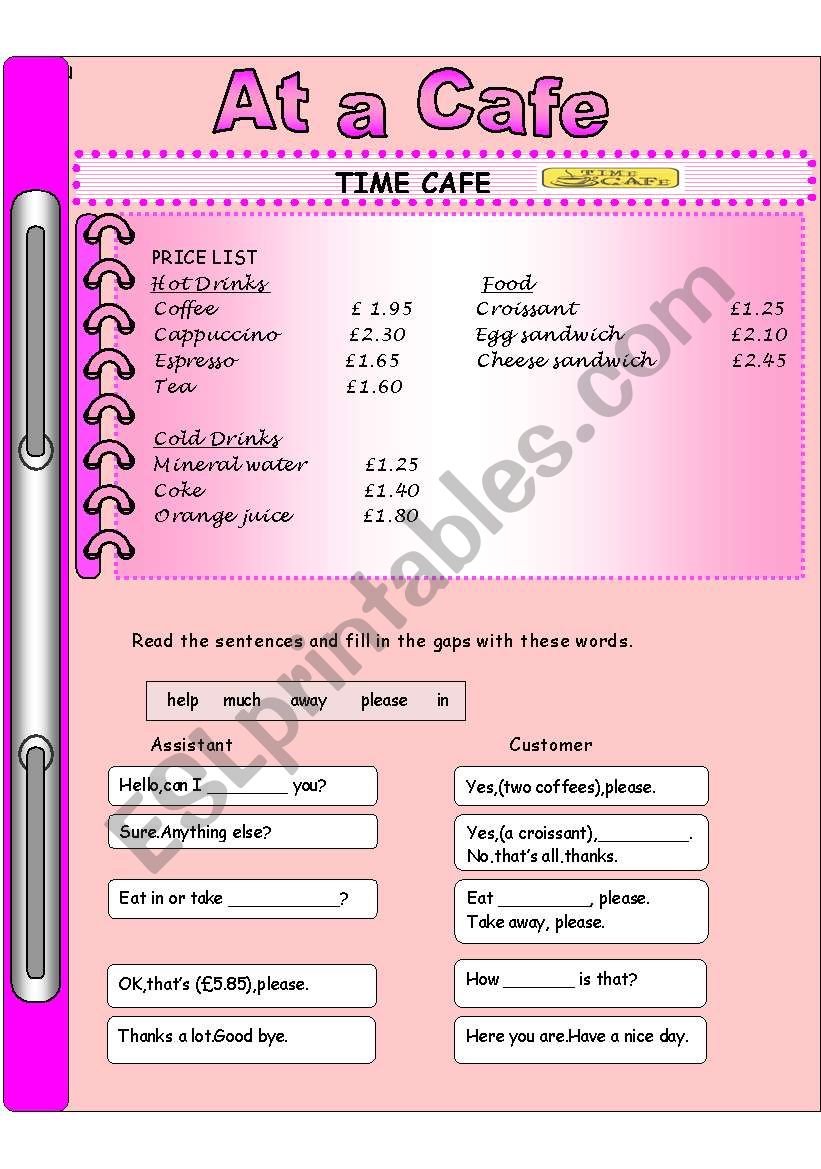 at a cafe worksheet