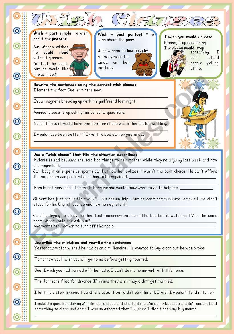 Wish Clauses â€“ rules â€¢ 3 tasks â€¢ teacherâ€™s handout with keys â€¢ B&W version â€¢ 3 pages â€¢ editable