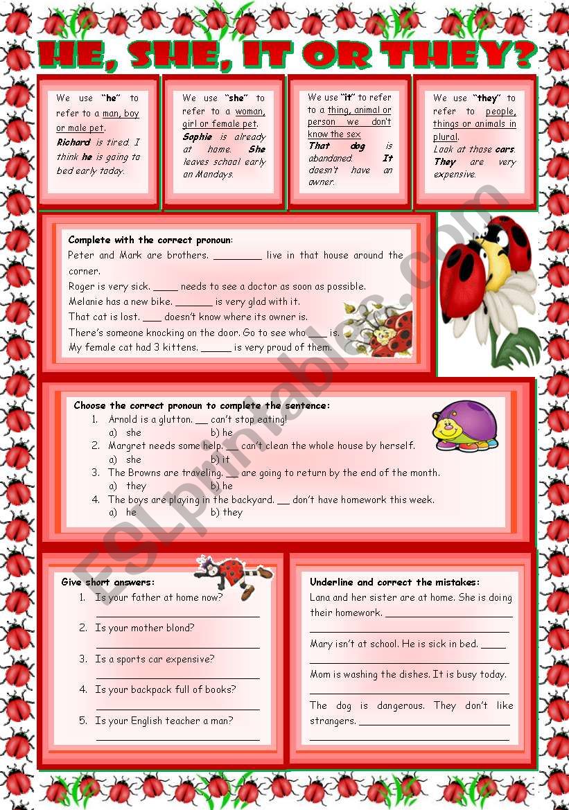 He, She, It or They?  rules, examples and exercises  teachers handout with keys included  4 tasks  2 pages  editable