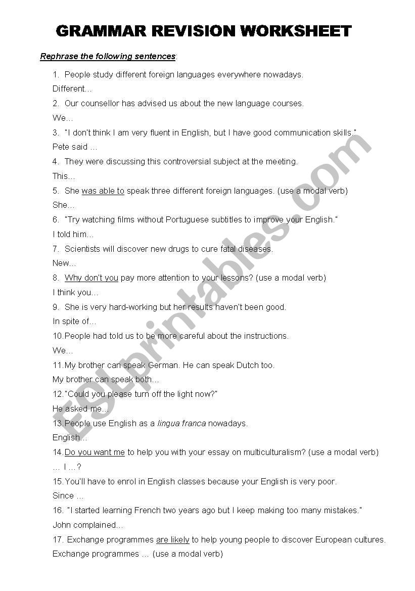Grammar - passive voice, reported speech, connectors, modal verbs 