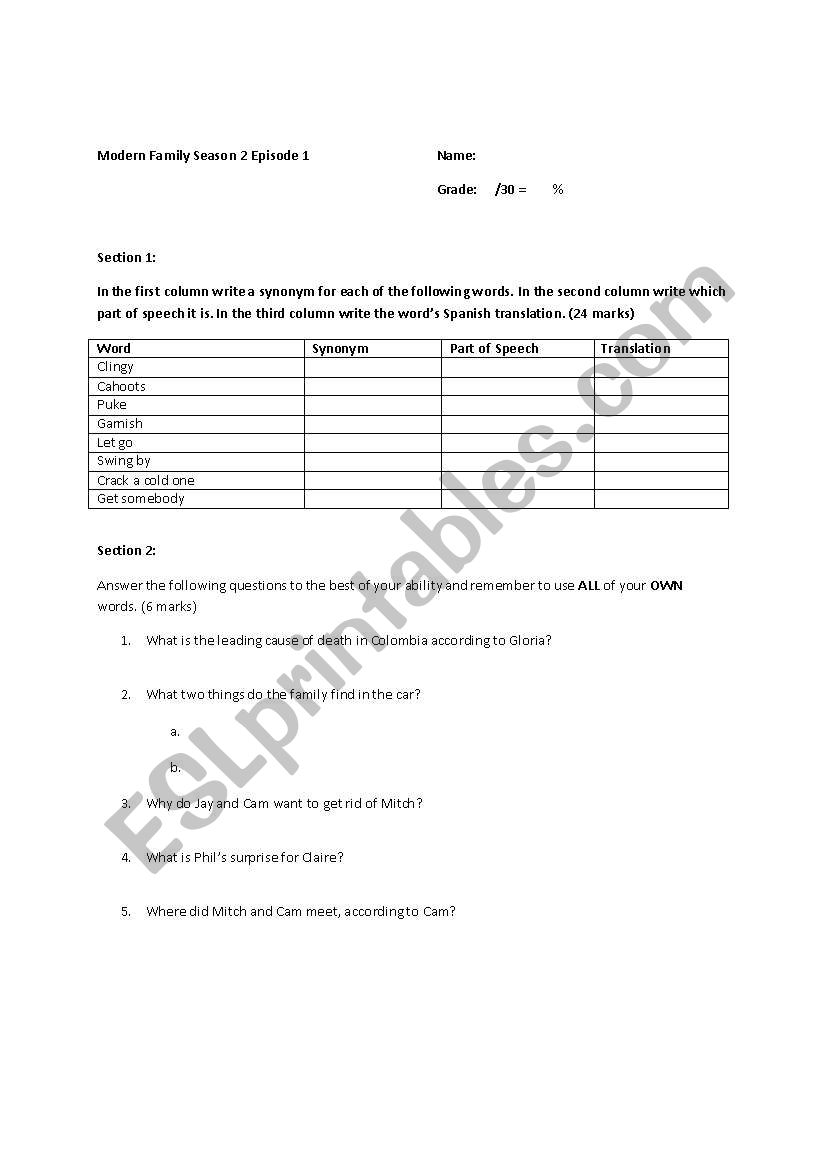 Worksheet for Modern Family series (Season 2 Episode 14)