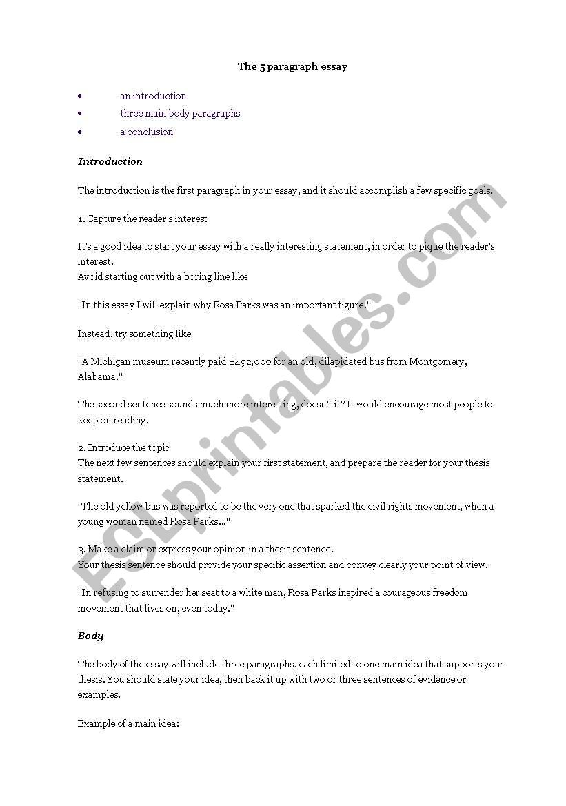 The 5 Paragraph Essay worksheet