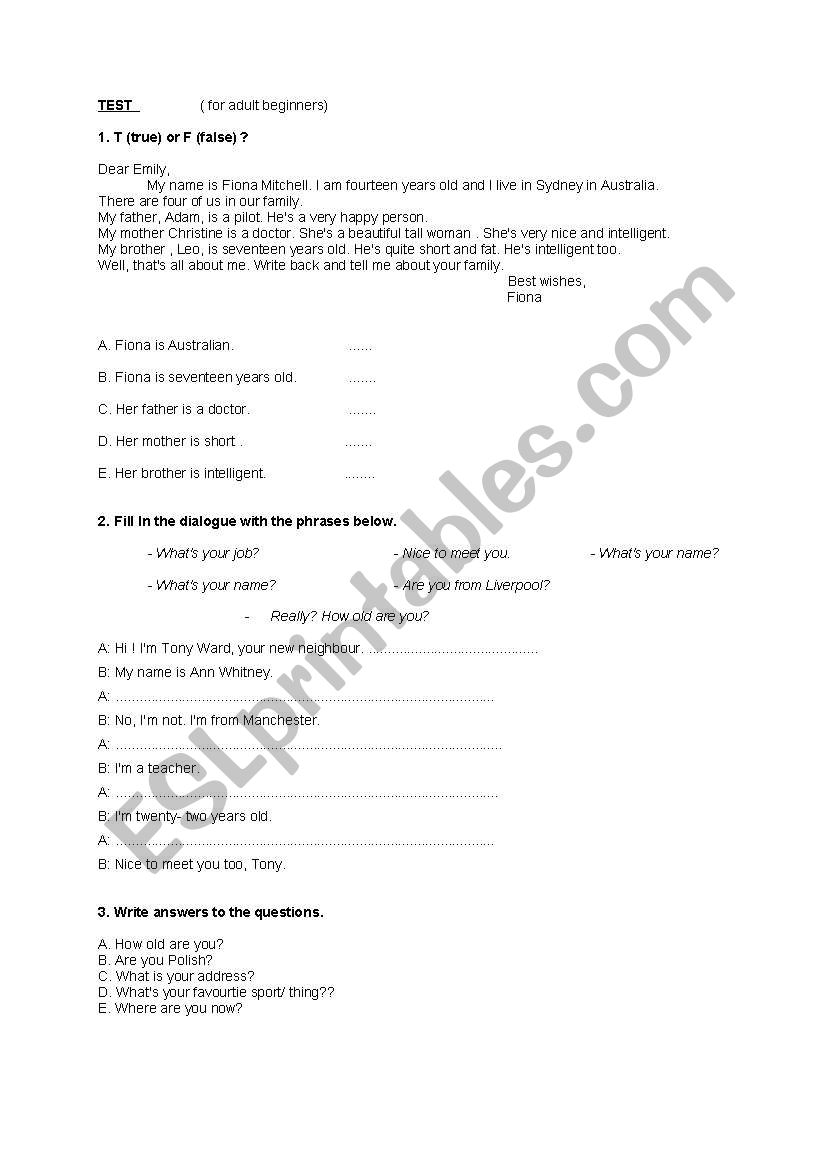 Test for adults beginners worksheet