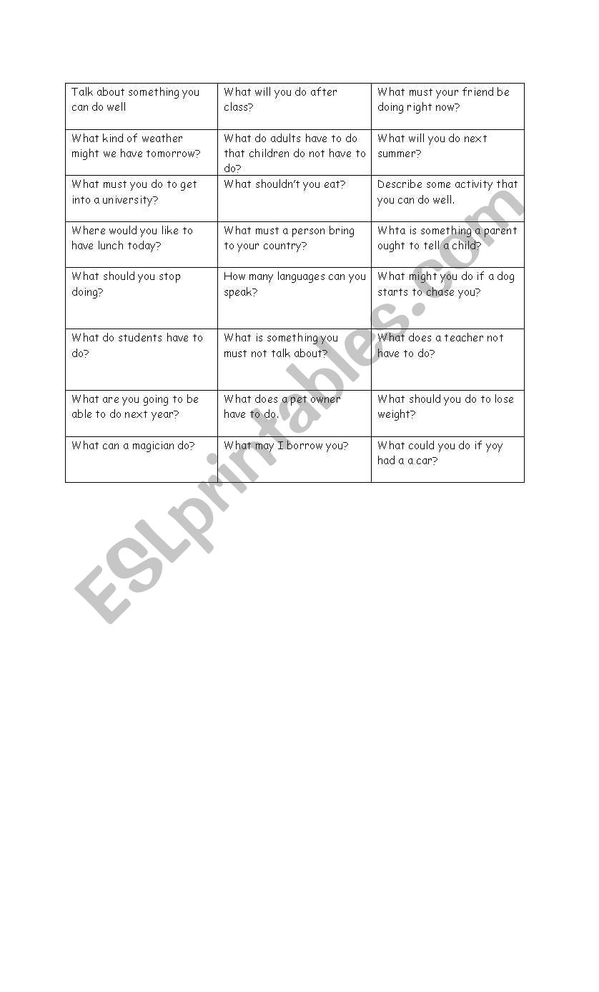 Games using Modal worksheet
