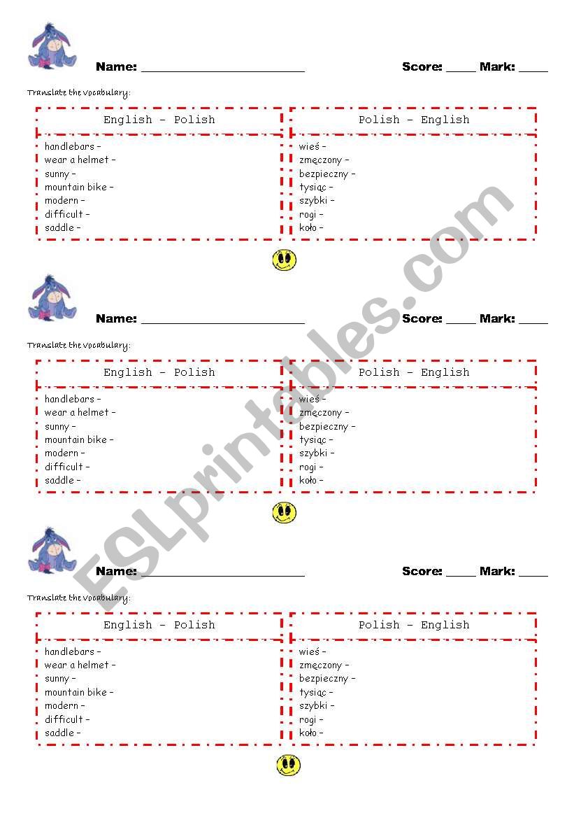 Bikes Vocabulary test worksheet