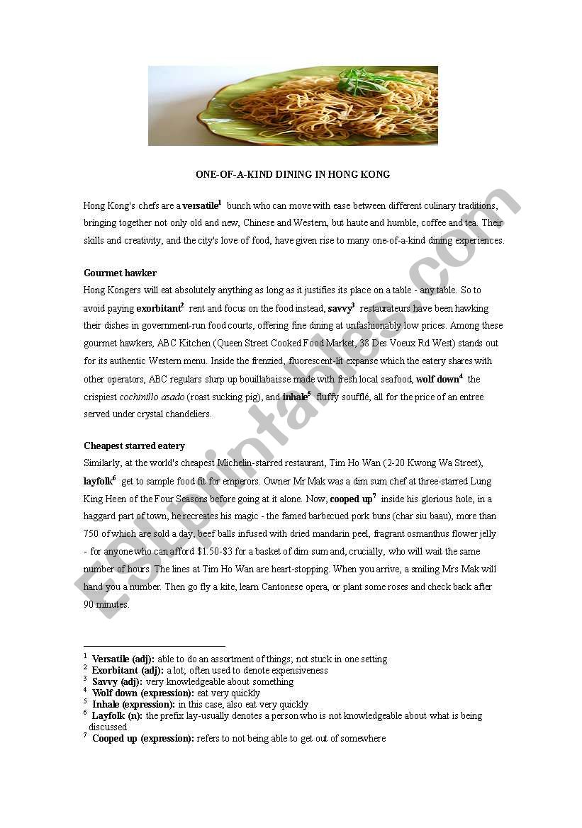 Dining in Hong Kong worksheet