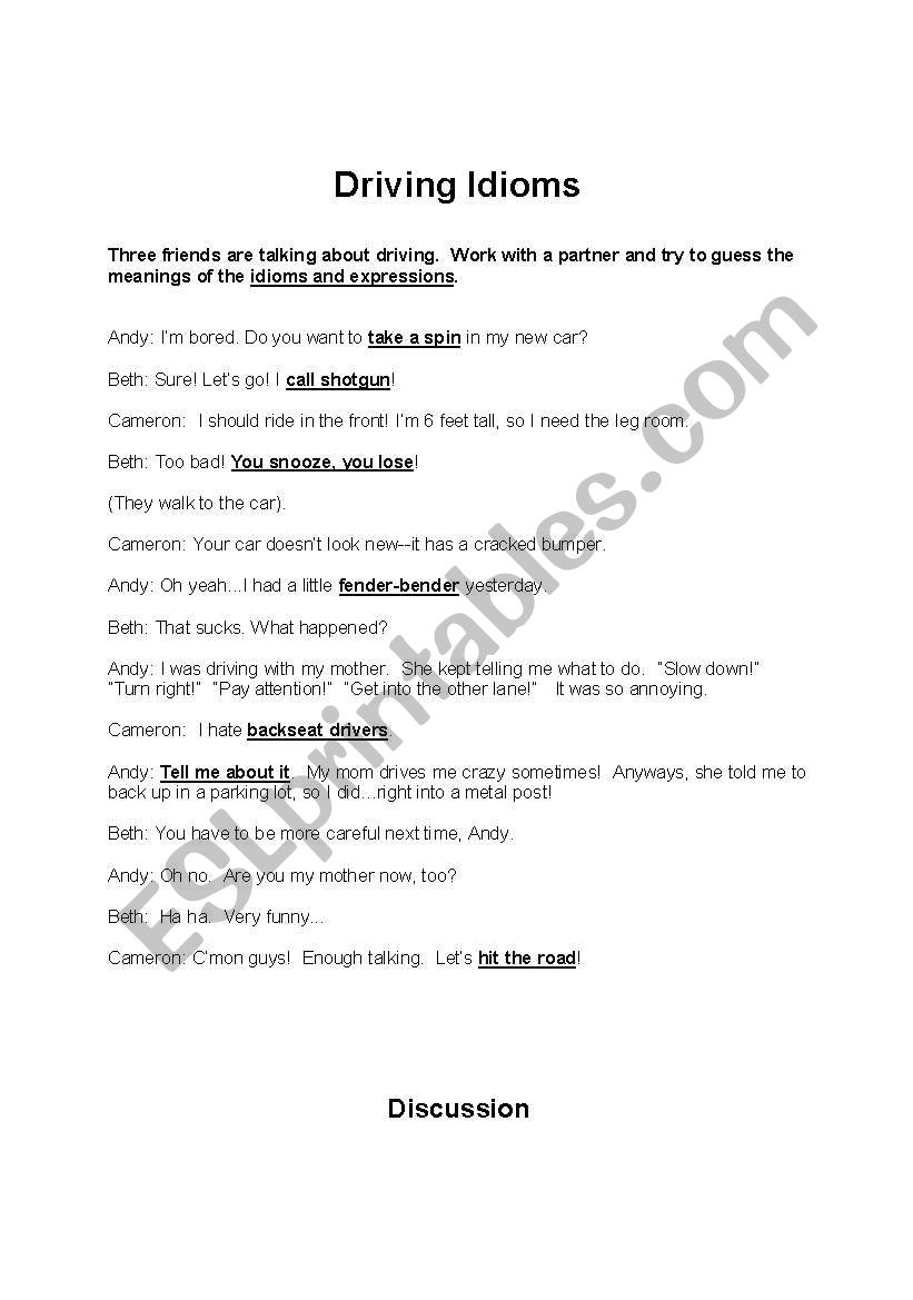 Driving Idioms worksheet