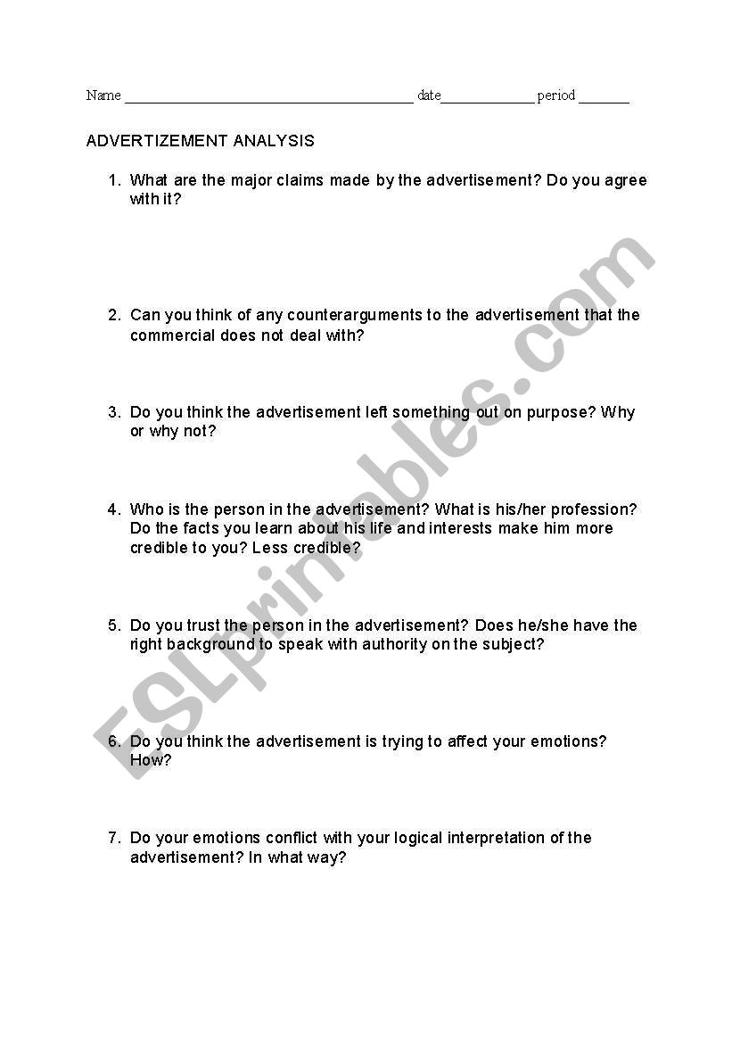 Advertizing Analysis worksheet