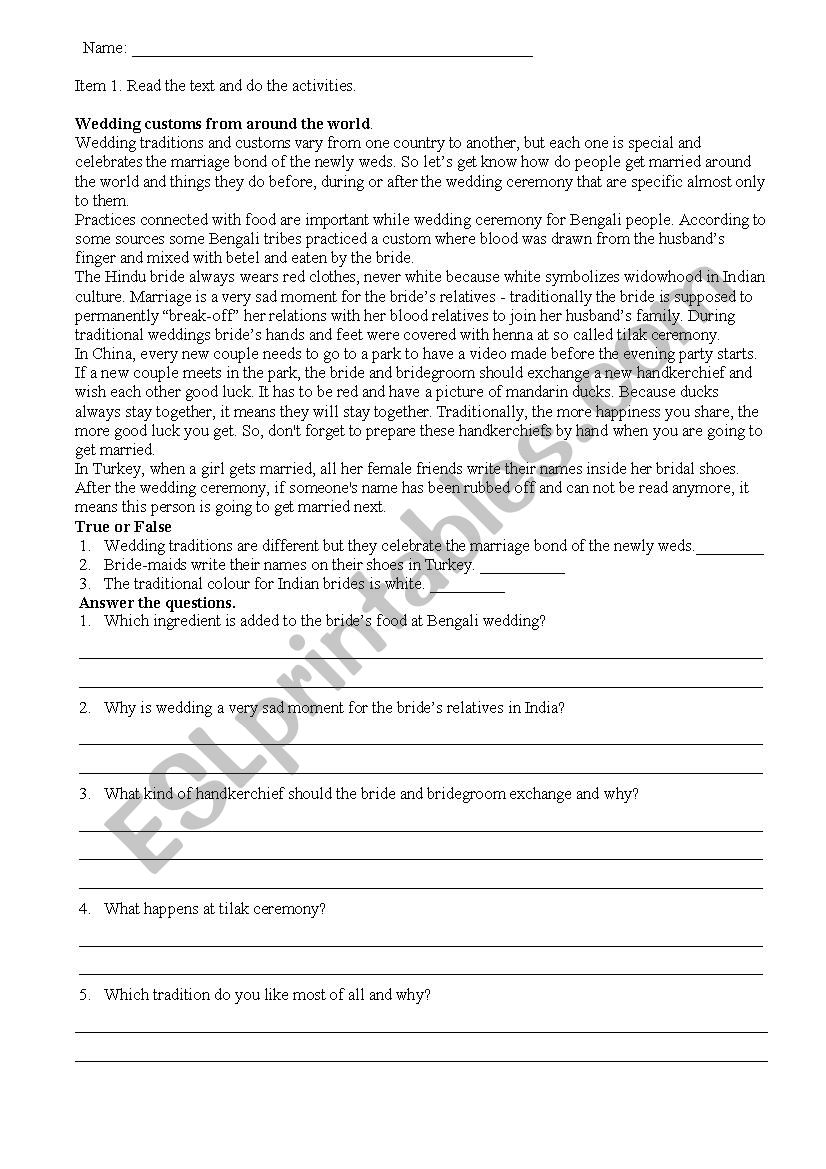 weddings worksheet