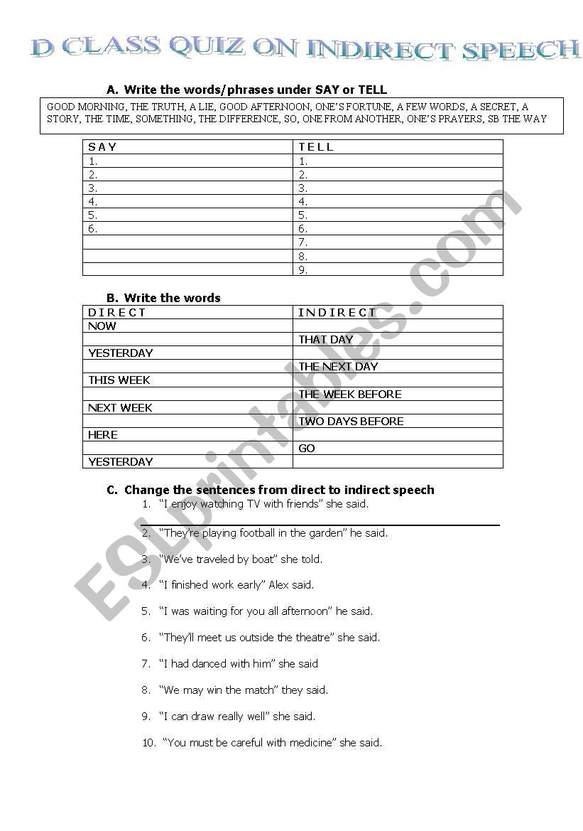 REPORTED SPEECH worksheet