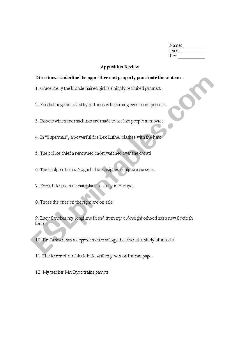 Appositives Worksheet worksheet