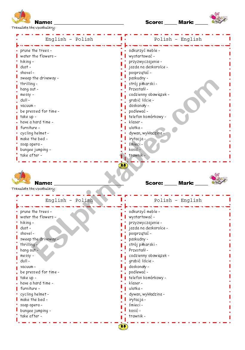 Vocabulary test worksheet