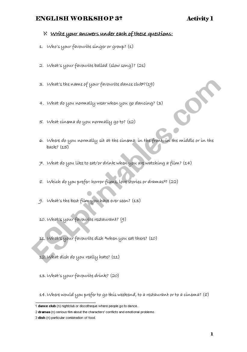 My dream Date questionnaire worksheet