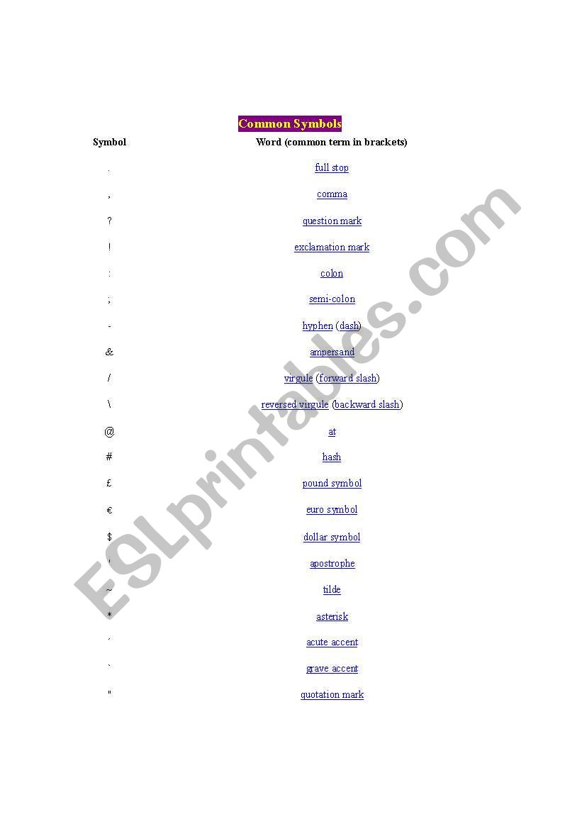 basic symbols worksheet