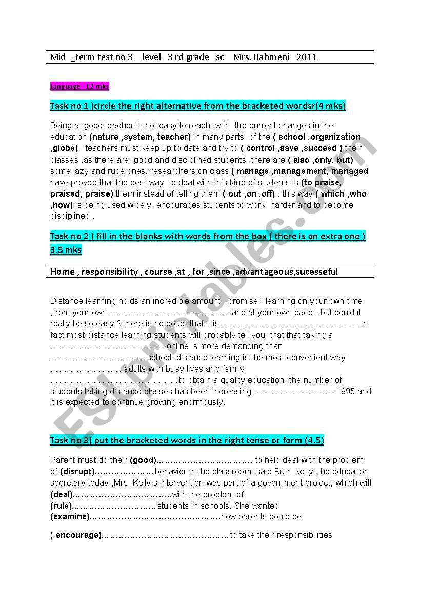 mid term test no 3 for the third grade 